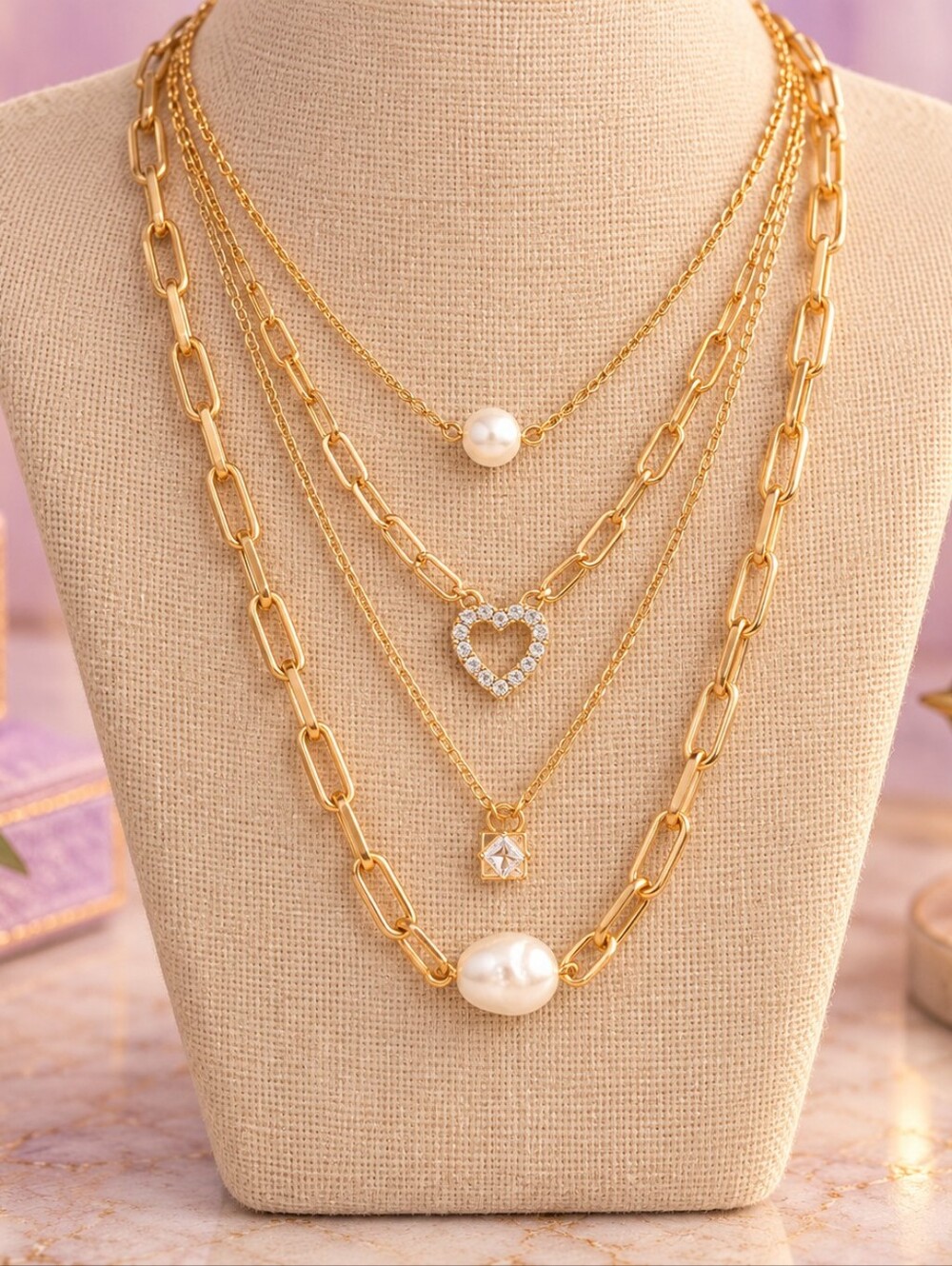 Gold Multi-Layer Pendant Necklace with Pearl and Crystal Accents